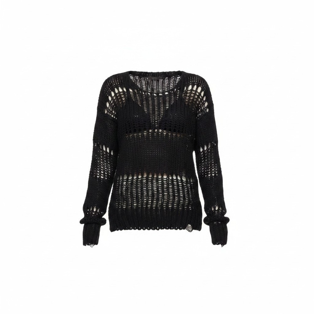 Open YY Black Open Knit Mohair Wool Blend Distressed Sweater Size 1 US XS-S1